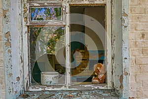 Plush teddy bear toy at a window of a house inside of the Chernobyl Exclusion Zone in the Ukraine