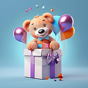 Plush teddy bear white box with purple bow balloons, blue background.Valentine\'s Day banner with space for your own co