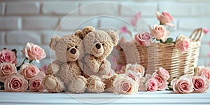 Plush teddy bears, pink roses, woven basket ,romantic love affection Valentine\'s Day background, Generated AI