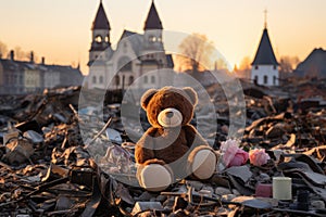 Plush toy positioned on the right side against a backdrop of destroyed buildings