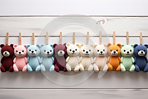 Plush toys colorful cubs, soft bears hanging on clothespins, wooden background with copy space