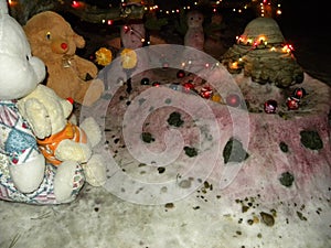 Plush toys in the snow