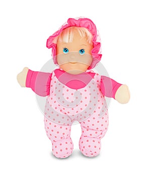 Plushie doll with blue shiny eyes  on white background with shadow. Cute pink rag baby doll on white backdrop