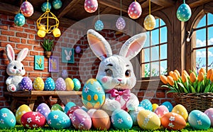 A plushy bunny surrounded by colorful Easter eggs photo