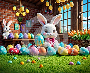 A plushy bunny surrounded by colorful Easter eggs photo