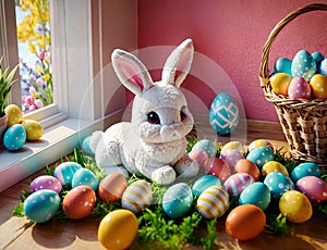 A plushy bunny surrounded by colorful Easter eggs photo