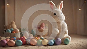 A plushy bunny surrounded by easter eggs photo