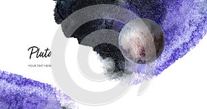 Pluto horizontal banner watercolor hand drawn illustration with watercolor splash backgroundon white.