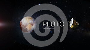 Pluto and the new horizons mission, deep space exploration, planet and inscription