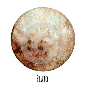 Pluto Planet of the Solar System watercolor isolated illustration on white background. Outer Space planet hand drawn photo