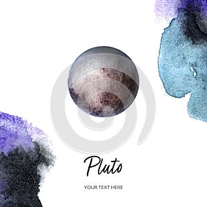 Pluto on white background with watercolor spine. Hand drawn watercolor illustration.