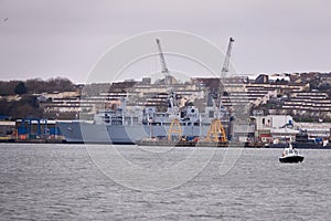 Her Majesty`s Naval Base Devonport England seen from the river TaMAR