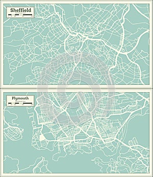 Plymouth and Sheffield Great Britain United Kingdom City Maps Set in Retro Style