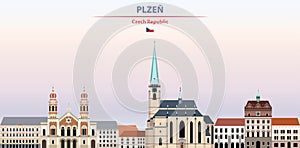 Plzen cityscape on sunset sky background vector illustration with country and city name and with flag of Czech Republic