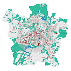Plzen map. Detailed map of PlzeÅˆ city administrative area. Cityscape urban panorama. Outline map with buildings, water, forest