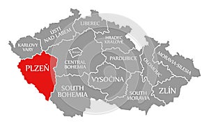 Plzen red highlighted in map of Czech Republic