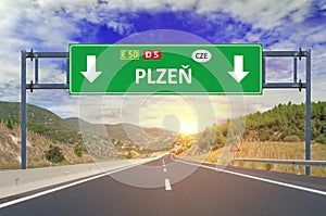 Plzen road sign on highway