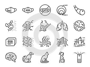 PM2.5 Air pollution line icon set. Included icons as smoke, smog, pollution, factory, dust and more.