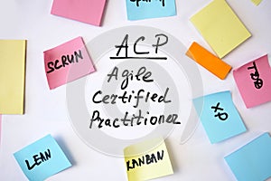 PMI Agile Certified Practitioner PMI-ACP words on white sheet and paper tasks, agile software development methodologies concept