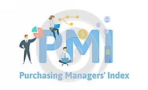 PMI, Purchasing Managers Index. Concept with keywords, people and icons. Flat vector illustration. Isolated on white.