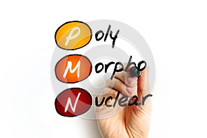 PMN PolyMorphoNuclear - having a nucleus with several lobes and a cytoplasm that contains granules, as in an eosinophil or photo