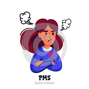PMS concept. Woman suffering from premenstrual syndrome and related products such as sanitary pads and tampons on white