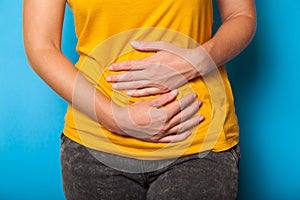 Pms pain, stomach ache. Endometriosis syndrome, diarrhea concept photo