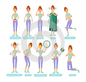 PMS - Young woman with premenstrual syndrome symptoms cartoon vector photo