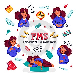 PMS. Set of woman suffering from premenstrual syndrome. Various symptoms of menstrual cycle and related products such as