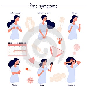 PMS symptoms. Female stress, abdominal pain, acne and moody. Woman period problems. Isolated menstrual syndrome, panty