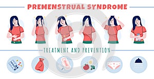 Pms symptoms. Premenstrual syndrome. Women moods and emotions during menstruation, personal hygiene items in period and