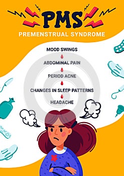 PMS vertical banner concept. Woman suffering from premenstrual syndrome and related products such as sanitary pads and