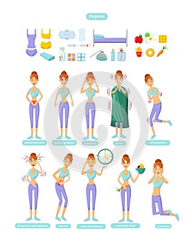 PMS - Young woman with premenstrual syndrome symptoms and Hygiene cartoon vector photo