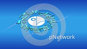 PNetwork PNT isometric token symbol of the DeFi project in digital circle on blue background.