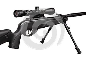 Pneumatic rifle with a telescopic sight. Modern air rifle on a bipod isolate on a white background. Sports weapon for accurate