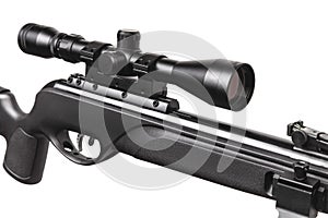 Pneumatic rifle with a telescopic sight. Modern air rifle on a bipod isolate on a white background. Sports weapon for accurate