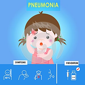Infographics of pneumonia. Kid girl pneumonia with cough and red skin, Health care cartoon character.