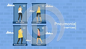 Pneumonia symptoms include short breath, chest pain, productive cough, fatigue and fever. Pulmonology vector illustration about