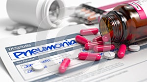 Pneumonia - Wording in Medical History. 3D.