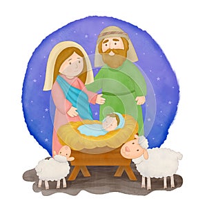 Nativity scene Christmas Manger scene with Jesus, Mary, Joseph and sheep