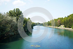 Po River flanking Parco del Valentino park in Turin, Italy