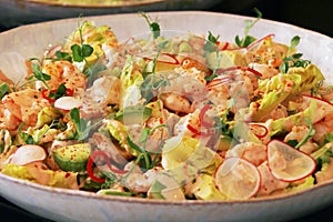 Poach shrimps salad with gem lettuce, avocado and marie rose sauce photo
