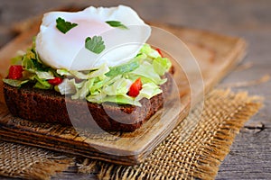 Poached egg brunch sandwich. A poached egg on a rye bread slice with fresh cabbage, cucumber, red pepper and parsley
