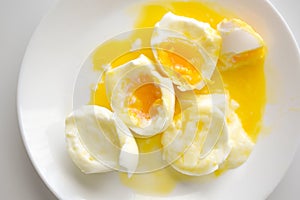Poached eggs with with egg yolk. Healthy eating concept.