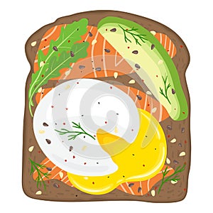 Poached eggs with salmon and avocado on toast bread. Delicious poached egg lox sandwich with toast bread. Vector illustration.