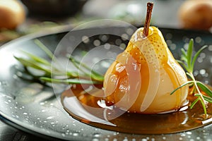 Poached pear dessert elegantly presented plate. Sweet gourmet caramelized