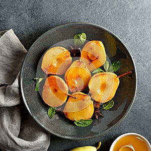 Poached pears on plate