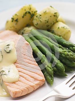 Poached Salmon with Asparagus and Sorrel Sauce