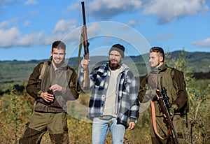 Poacher partner in crime. Activity for real men concept. Hunters gamekeepers looking for animal or bird. Hunters with