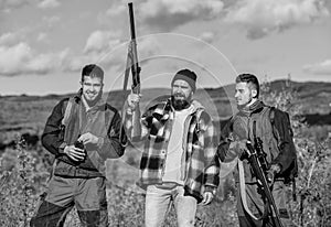 Poacher partner in crime. Activity for real men concept. Hunters gamekeepers looking for animal or bird. Hunters with